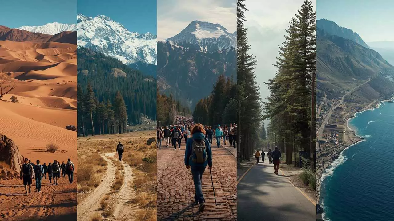 People walking during different seasons