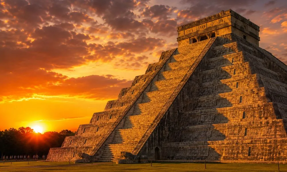 Sunset at El Castillo pyramid in Chichén Itzá, Mexico, during the spring equinox, showing the famous Descent of the Serpent shadow phenomenon — a series of triangular shadows undulating down the main staircase's serpent-head carvings