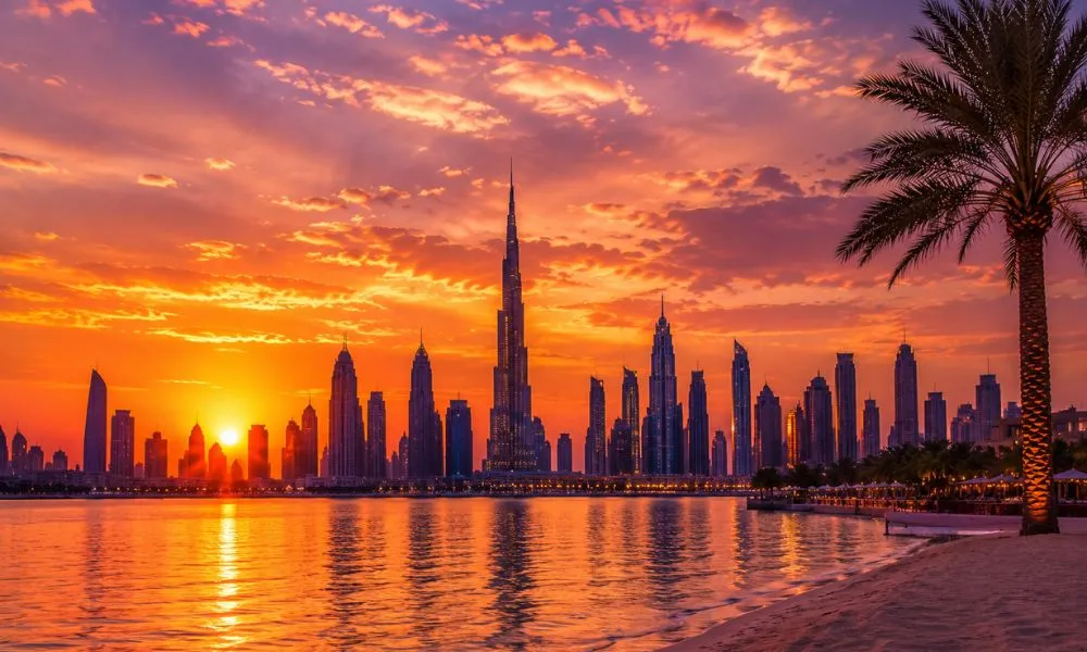 Spectacular sunset over the Dubai skyline with the Burj Khalifa towering above the city as warm golden light catches the glass skyscrapers along Dubai Creek Harbour
