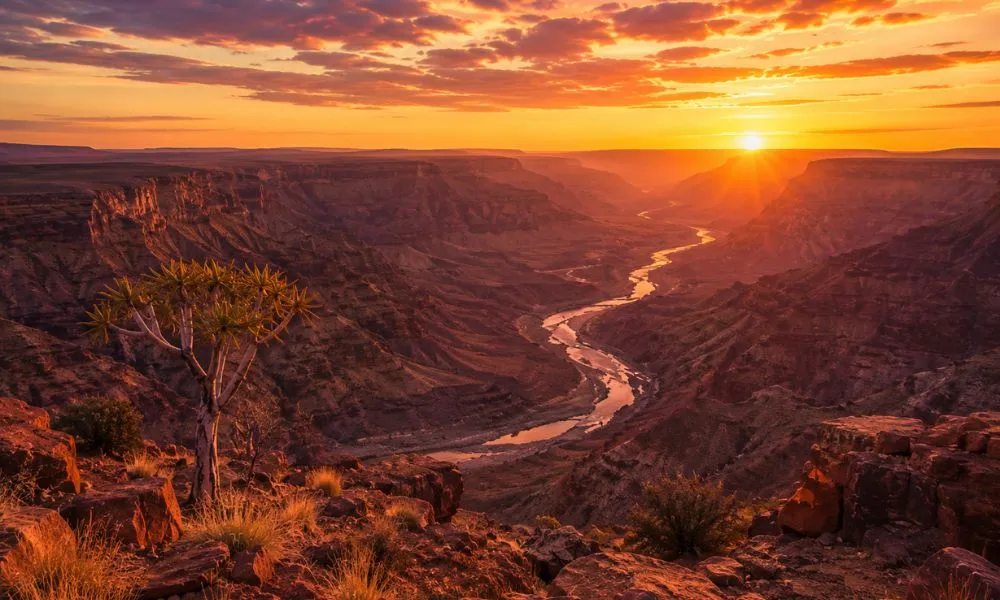 Sweeping sunset view from Hobas Viewpoint over Fish River Canyon in Namibia, Africa's largest canyon, with warm amber light illuminating the colourful layered rock faces and the winding river far below