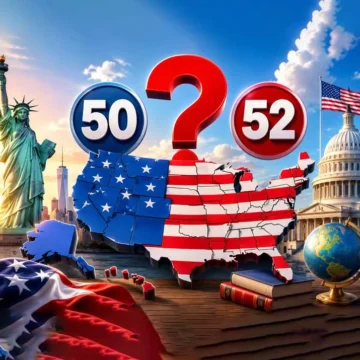 Map of the United States explaining that the USA has 50 states, not 52