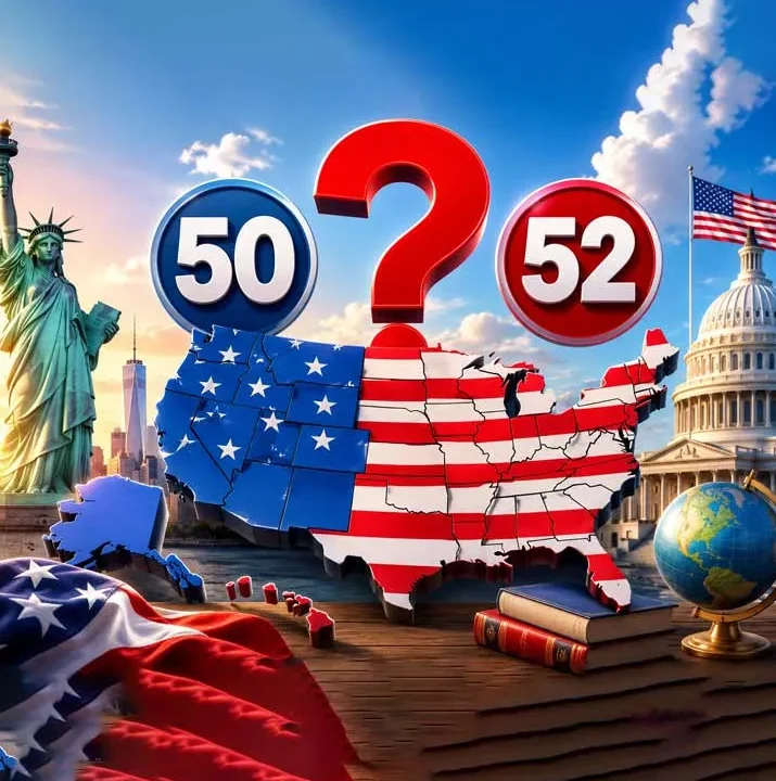 Map of the United States explaining that the USA has 50 states, not 52