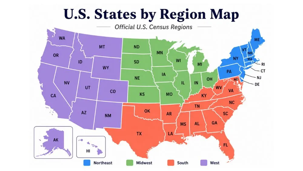 U.S. States by Region Map