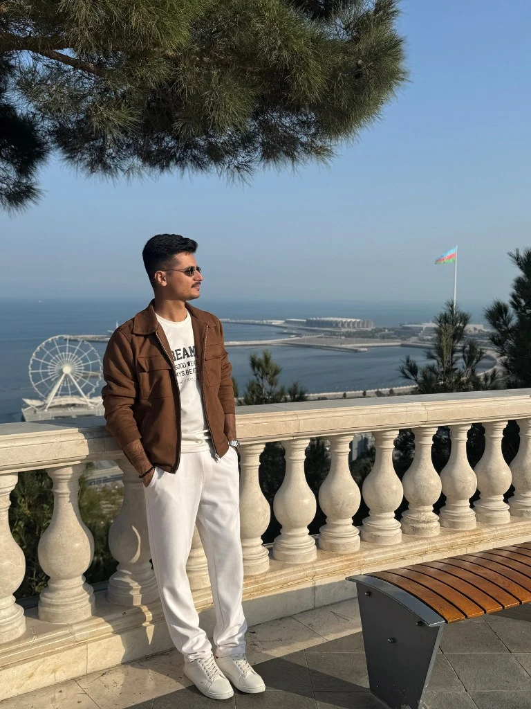 Traveler at Highland Park overlooking Baku Eye and Caspian Sea