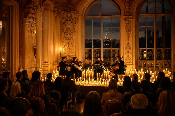 Classical string quartet performing at a candlelight concert in an ornate Paris venue