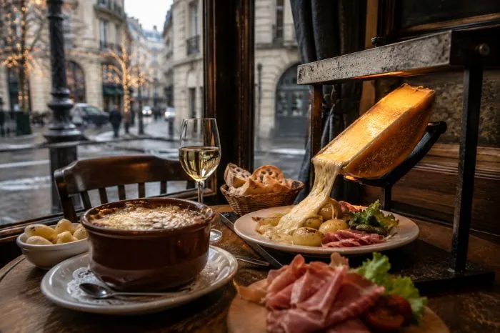 Traditional French raclette and winter comfort food served in a Paris bistro