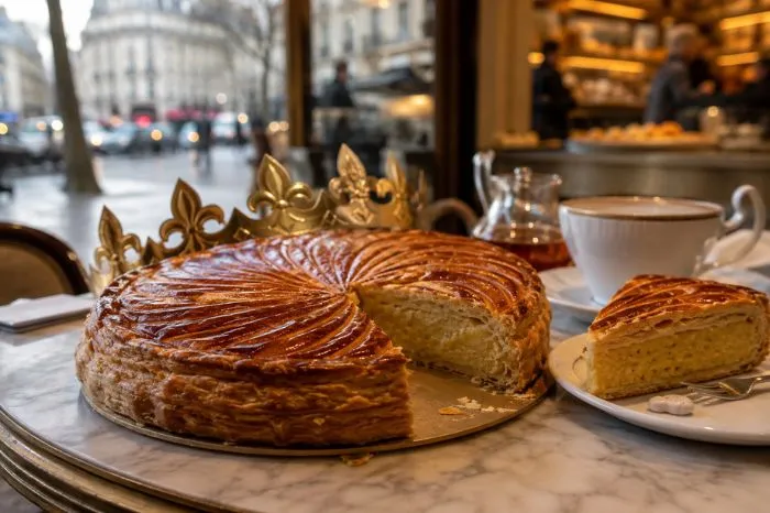 Traditional French Galette des Rois with frangipane filling in a Paris café