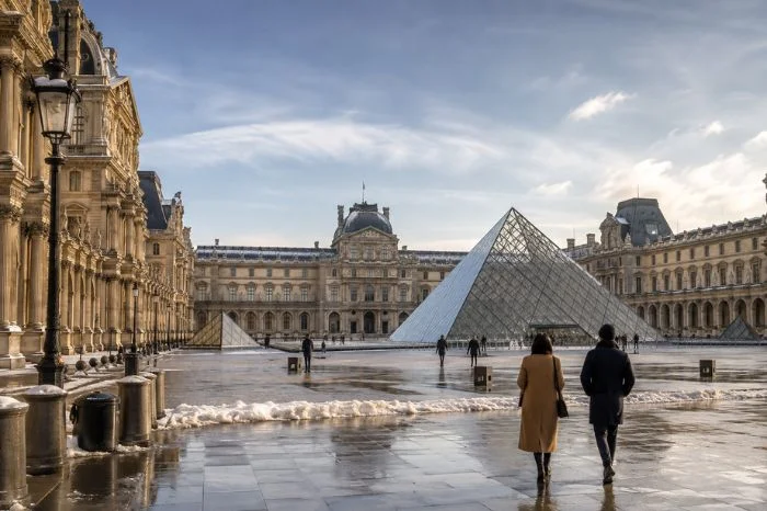 Louvre Museum and glass pyramid on a bright winter day in Paris