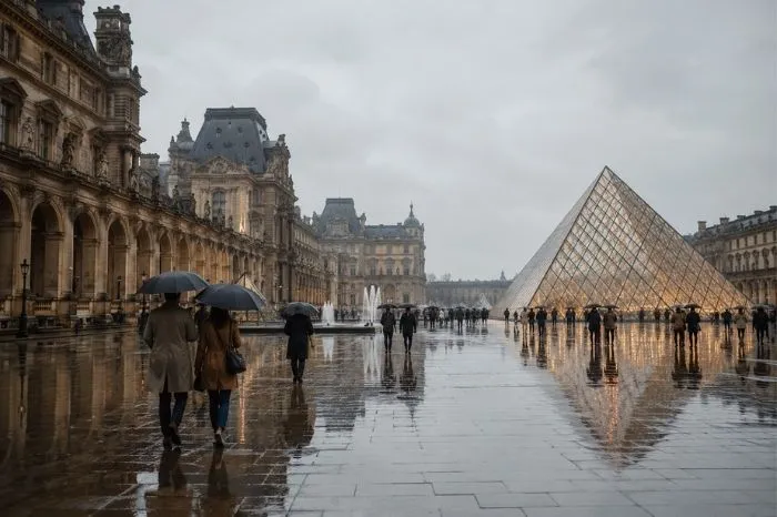 Historic covered passage in Paris with shops and visitors on a rainy day
