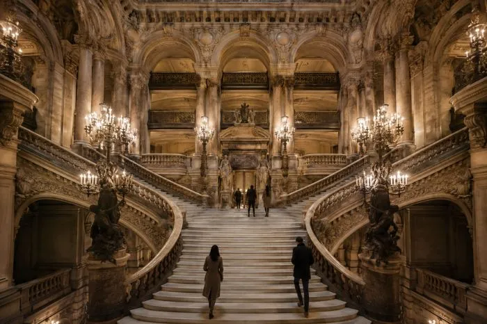 Grand staircase and ornate interior of the Palais Garnier in Paris