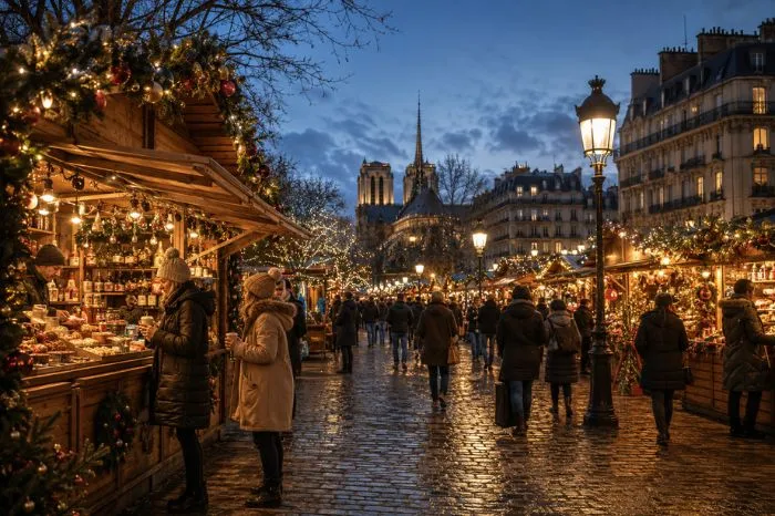 Festive Christmas market in Paris with illuminated stalls and winter visitors