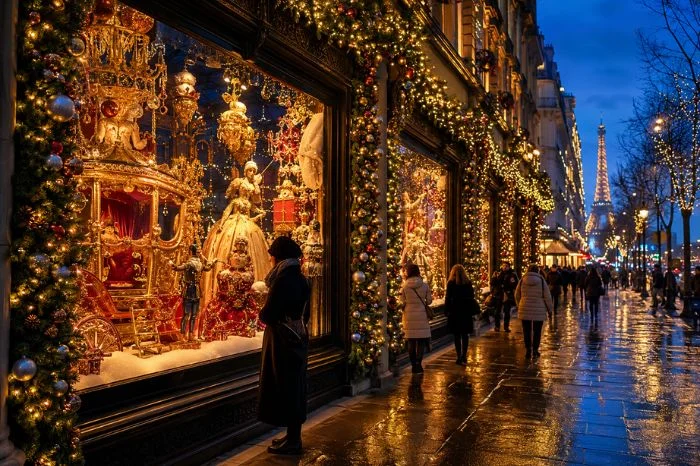 Elaborate Christmas window displays glowing along a Paris street at night