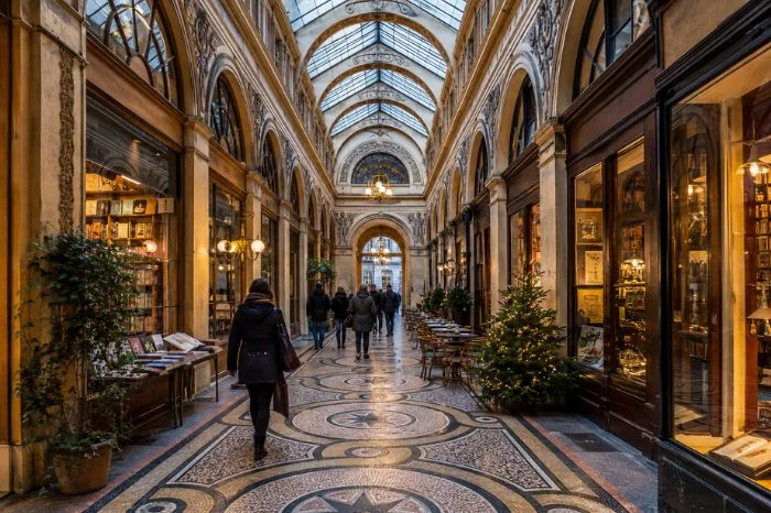 Historic covered passage in Paris with mosaic floors, shops and warm lighting