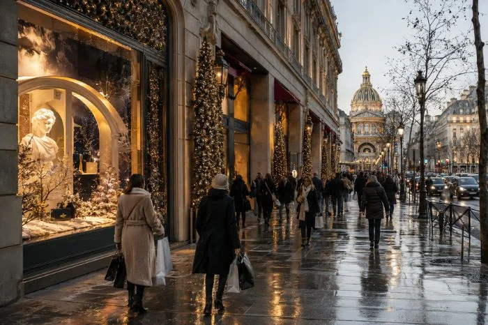 Shoppers walking past elegant Paris stores during the winter shopping season