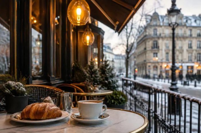 Cozy Parisian café terrace with coffee and croissant on a winter day