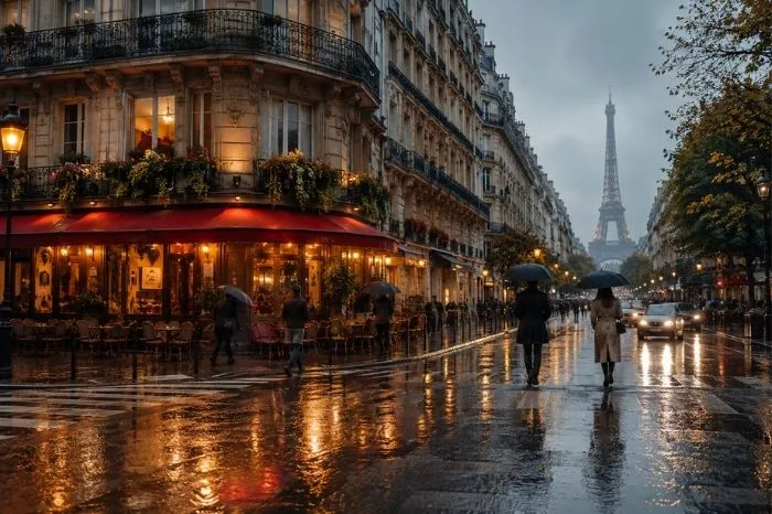 Rainy Paris street with umbrellas, wet pavement and the Eiffel Tower in the distance