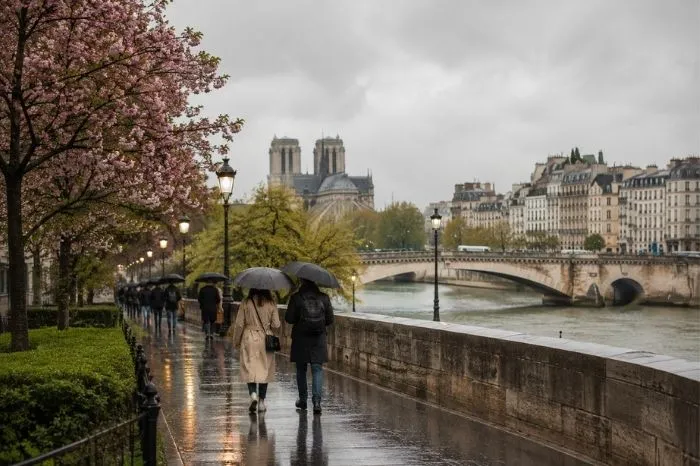 Spring rain in Paris with umbrellas along the Seine and blooming trees