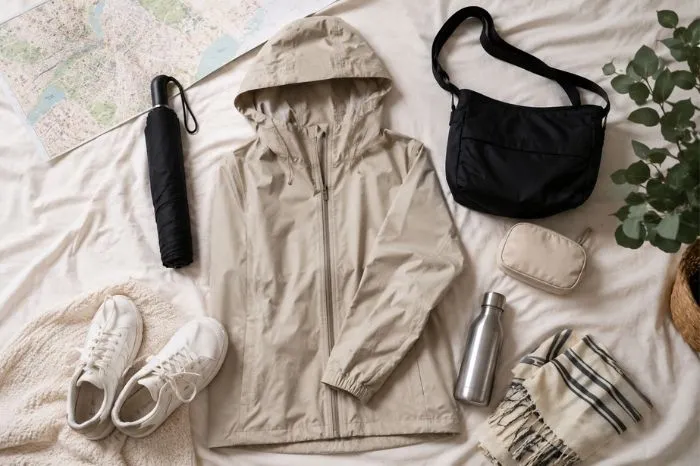 Paris rain packing essentials including umbrella, waterproof jacket and walking shoes