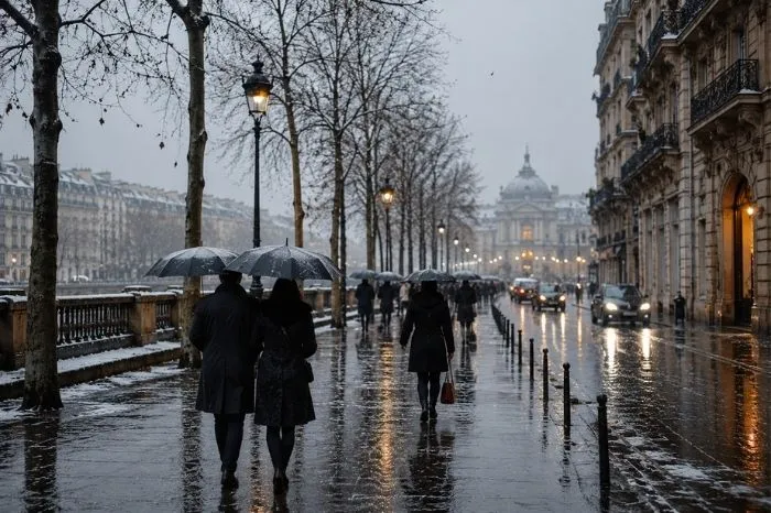 Winter rain in Paris with umbrellas, wet streets and light snow along the pavement