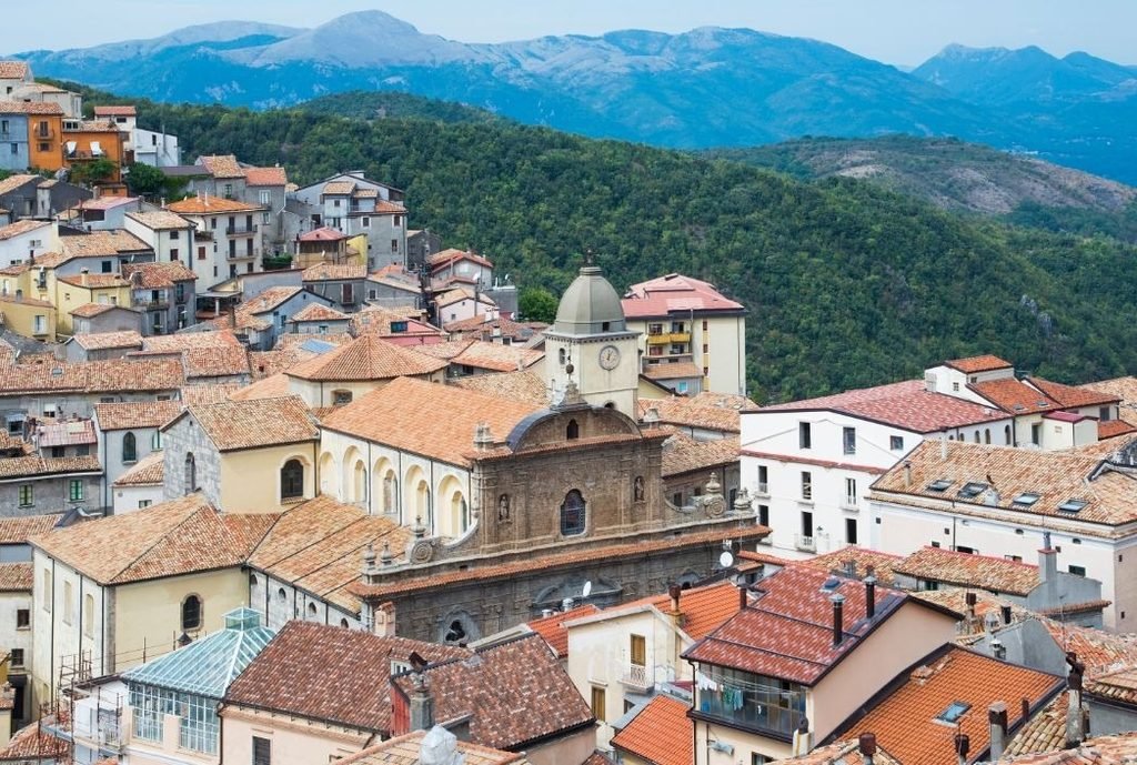 View over Mormanno’s historic center with surrounding mountains in Calabria, Italy