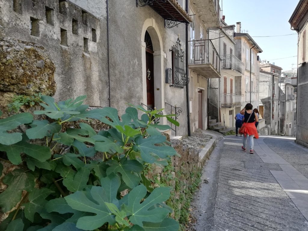 Narrow street in Mormanno’s historic center with traditional stone buildings and pedestrians