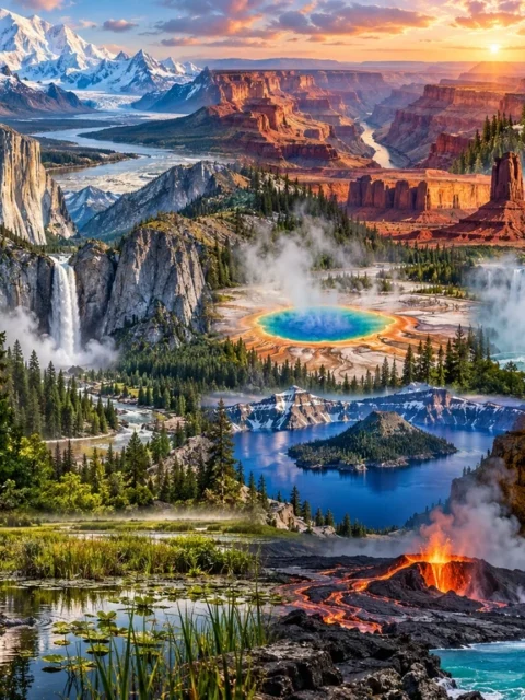 Natural wonders in the US including the Grand Canyon, Yellowstone, Yosemite, Niagara Falls, redwoods, Crater Lake, volcanoes and wetlands