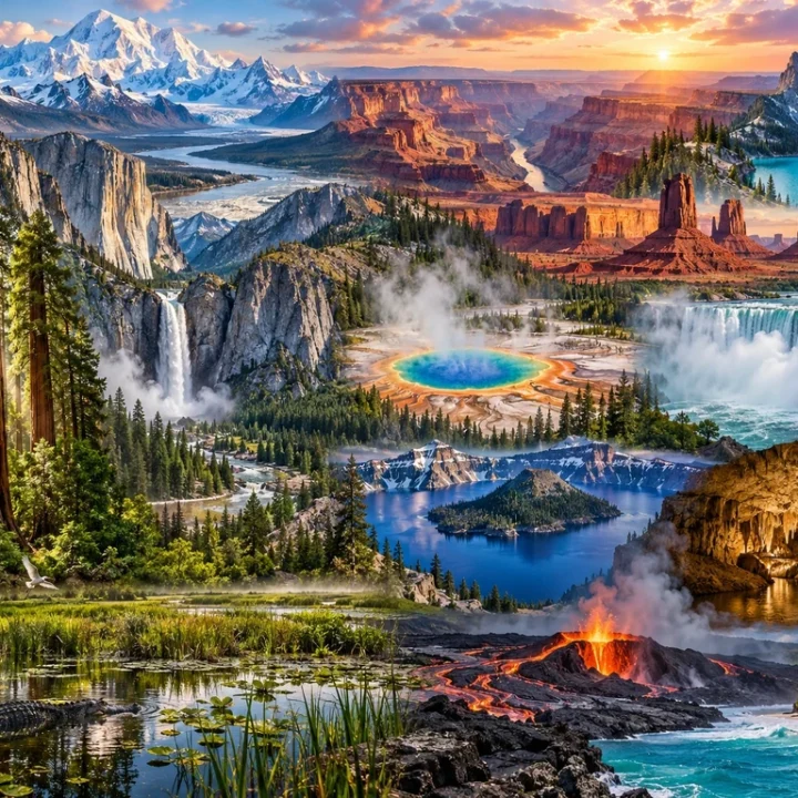 Natural wonders in the US including the Grand Canyon, Yellowstone, Yosemite, Niagara Falls, redwoods, Crater Lake, volcanoes and wetlands