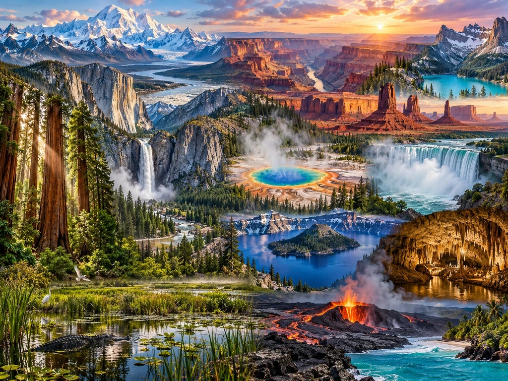 Natural wonders in the US including the Grand Canyon, Yellowstone, Yosemite, Niagara Falls, redwoods, Crater Lake, volcanoes and wetlands